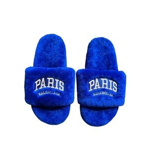 Balenciaga Paris Faux Fur Slide Sandals Blue Size 40 NWOT No Box)